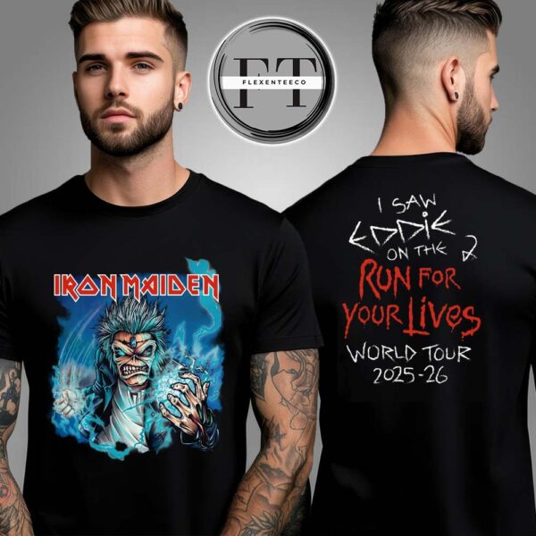Iron Maiden Run For Your Lives 2025 Eddie Electrified Artwork Tour Two Sided Unisex T-Shirt