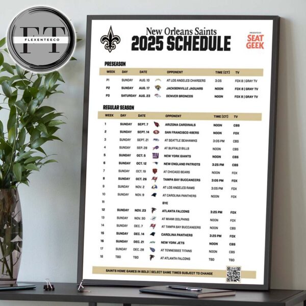 New Orleans Saints 2025 NFL Schedule Match Dates Home Decor Poster Canvas