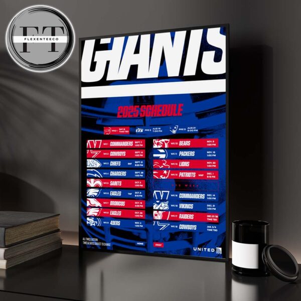 New York Giants 2025 NFL Schedule Home Decor Poster Canvas