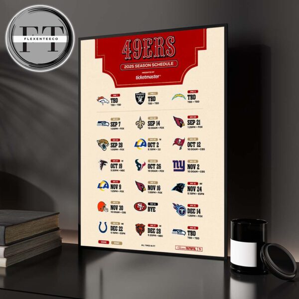 San Francisco 49ers 2025 NFL Schedule Match Dates Home Decor Poster Canvas
