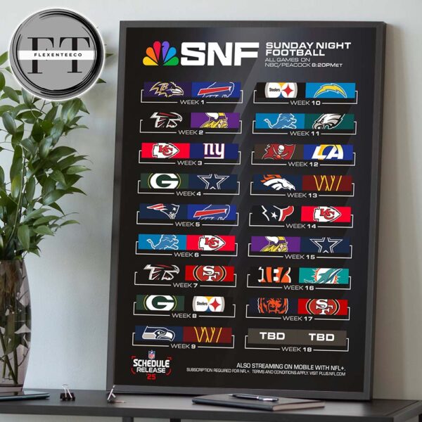 Sunday Night Football 2025 NFL Schedule Home Decor Poster Canvas