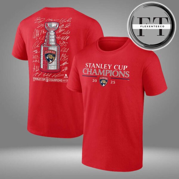 Florida Panthers Fanatics 2025 Stanley Cup Champions Signature Roster NHL Two Sided Unisex T-Shirt
