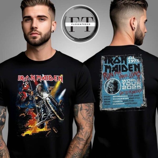 Iron Maiden Run For Your Lives World UK Tour 2025 Two Sided Unisex T-Shirt