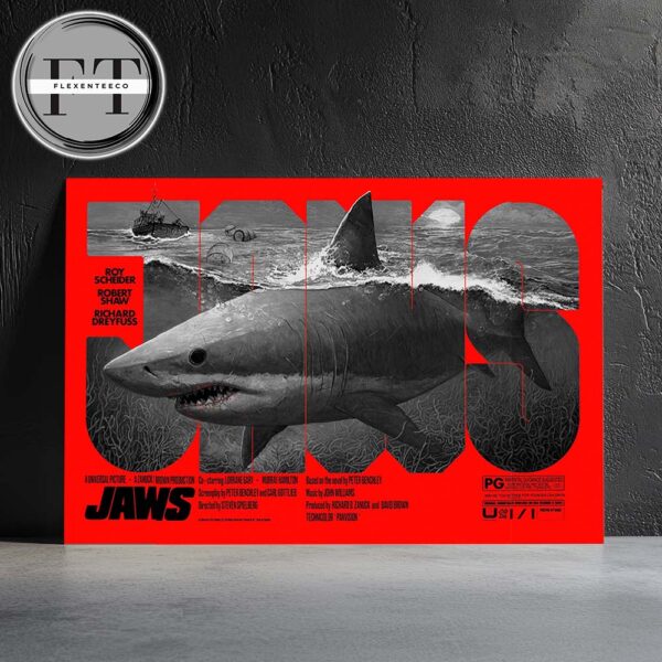 JAWS Poster Limited Edition 50th Anniversary Art Show Grey Shark Bold Red Horror Home Decor Poster Canvas